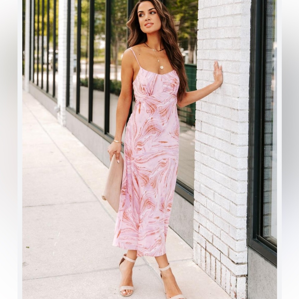 Lush Pink Marble-Print Midi Dress